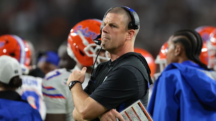 Sep 20, 2025; Miami Gardens, Florida, USA; Florida Gators head coach Billy Napier watches from the sideline against the Miami Hurricanes during the second quarter at Hard Rock Stadium. Mandatory Credit: Sam Navarro-Imagn Images