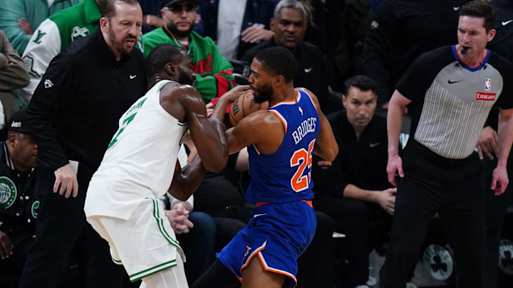 May 5, 2025; Boston, Massachusetts, USA; New York Knicks forward Mikal Bridges (25) strips the ball from Boston Celtics guard Jaylen Brown (7) winning the game in overtime during game one of the second round for the 2025 NBA Playoffs at TD Garden. Mandatory Credit: David Butler II-Imagn Images May 5, 2025; Boston, Massachusetts, USA; New York Knicks forward Mikal Bridges (25) strips the ball from Boston Celtics guard Jaylen Brown (7) winning the game in overtime during game one of the second round for the 2025 NBA Playoffs at TD Garden. Mandatory Credit: David Butler II-Imagn Images