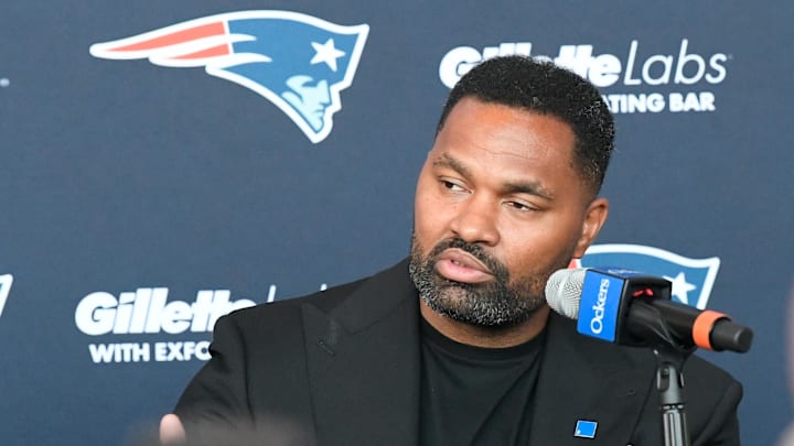 Jan 17, 2024; Foxborough, MA, USA; New England Patriots head coach Jerod Mayo answers questions from the media at a press conference at Gillette Stadium to announce his hiring as head coach. Mandatory Credit: Eric Canha-USA TODAY Sports Jan 17, 2024; Foxborough, MA, USA; New England Patriots head coach Jerod Mayo answers questions from the media at a press conference at Gillette Stadium to announce his hiring as head coach. Mandatory Credit: Eric Canha-USA TODAY Sports