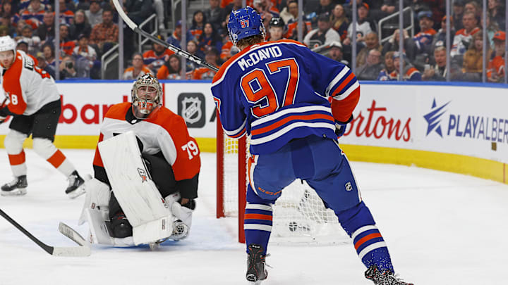 Jan 2, 2024; Edmonton, Alberta, CAN; Edmonton Oilers forward Connor McDavid (97) scores a goal