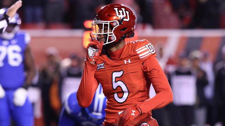 Nov 9, 2024; Salt Lake City, Utah, USA; Utah Utes cornerback Zemaiah Vaughn (5) reacts after a sack against the Brigham Young Cougars during the second half at Rice-Eccles Stadium. Nov 9, 2024; Salt Lake City, Utah, USA; Utah Utes cornerback Zemaiah Vaughn (5) reacts after a sack against the Brigham Young Cougars during the second half at Rice-Eccles Stadium.