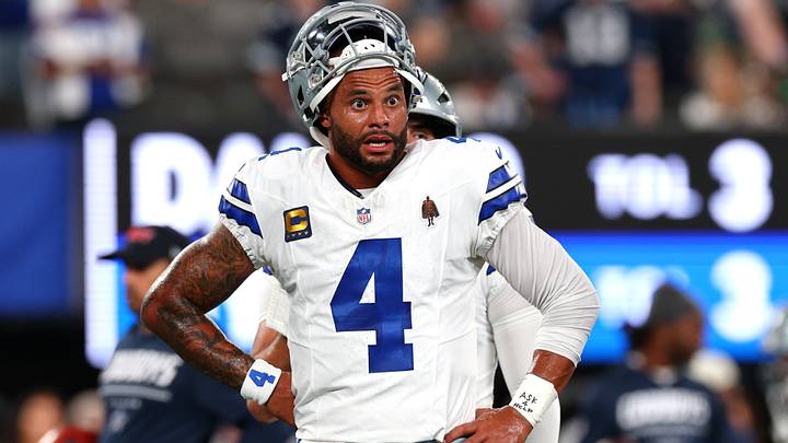 Dallas Cowboys quarterback Dak Prescott looks on during warmups prior to the game against the New York Giants at MetLife Stadium. Dallas Cowboys quarterback Dak Prescott looks on during warmups prior to the game against the New York Giants at MetLife Stadium.
