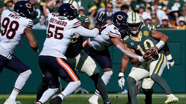 Green Bay Packers quarterback Jordan Love (10) is sacked by Chicago Bears defensive end Austin Booker (94) at the end of the second quarter at Lambeau Field. Mandatory Credit: Dan Powers USAToday Network via IMAGN images Green Bay Packers quarterback Jordan Love (10) is sacked by Chicago Bears defensive end Austin Booker (94) at the end of the second quarter at Lambeau Field. Mandatory Credit: Dan Powers USAToday Network via IMAGN images