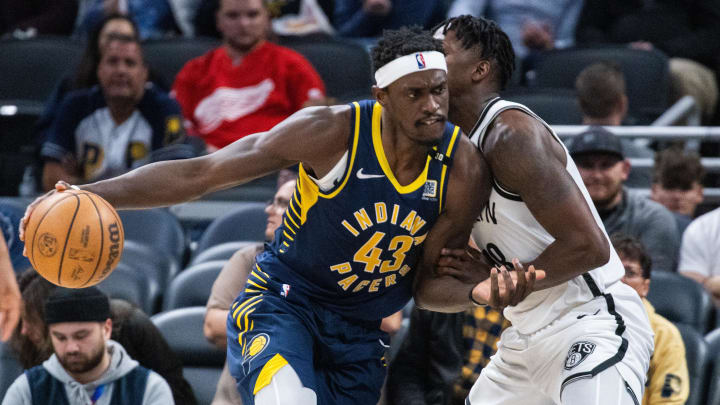 Apr 1, 2024; Indianapolis, Indiana, USA; Indiana Pacers forward Pascal Siakam (43) dribbles the ball Apr 1, 2024; Indianapolis, Indiana, USA; Indiana Pacers forward Pascal Siakam (43) dribbles the ball