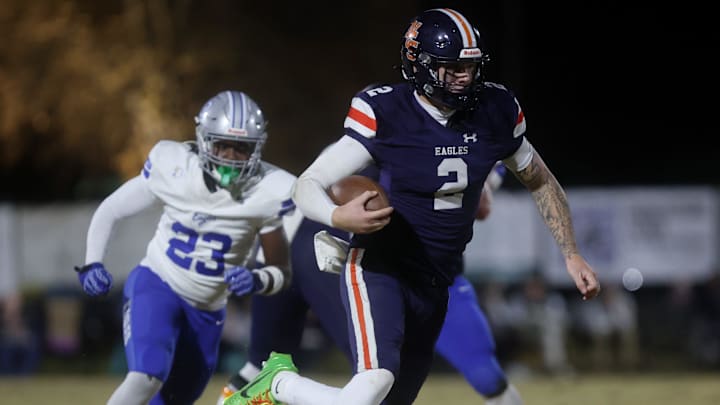 Nashville Christian's Jared Curtis (2) runs the ball during their game against Jackson Christian at Nashville Christian School Friday, Nov. 14, 2021.