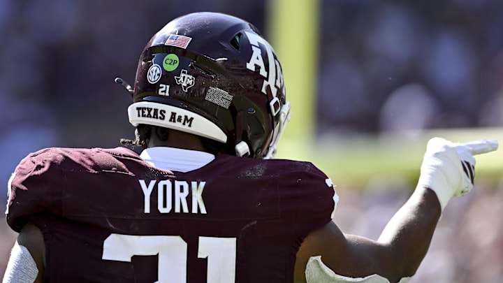 Texas A&M Aggies linebacker Taurean York reacts during the first half against the Auburn Tigers at Kyle Field.