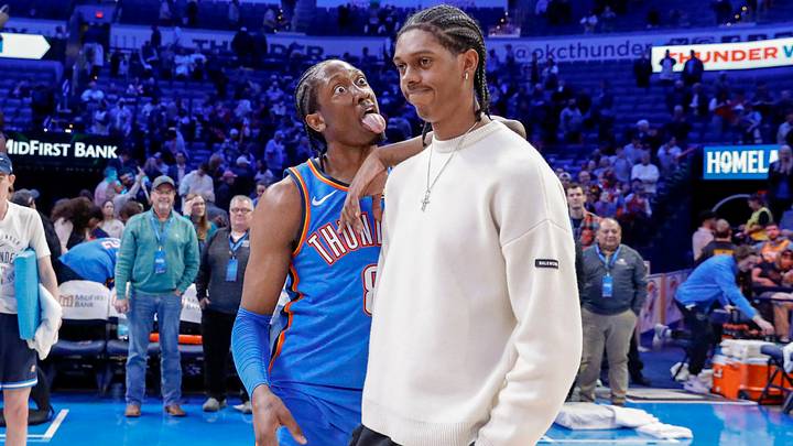 Jan 22, 2025; Oklahoma City, Oklahoma, USA; Oklahoma City Thunder forward Jalen Williams (8) reacts towards his brother Utah Jazz forward Cody Williams (5) after their game at Paycom Center. Mandatory Credit: Alonzo Adams-Imagn Images Jan 22, 2025; Oklahoma City, Oklahoma, USA; Oklahoma City Thunder forward Jalen Williams (8) reacts towards his brother Utah Jazz forward Cody Williams (5) after their game at Paycom Center. Mandatory Credit: Alonzo Adams-Imagn Images