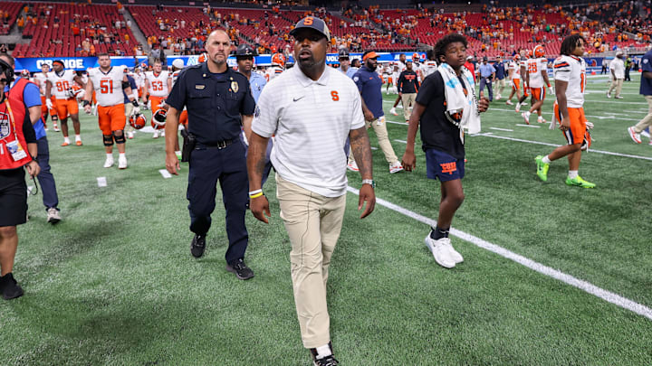 Aug 30, 2025; Atlanta, Georgia, USA; Syracuse Orange head coach Fran Brown after a game against the Tennessee Volunteers at Mercedes-Benz Stadium. Mandatory Credit: Brett Davis-Imagn Images