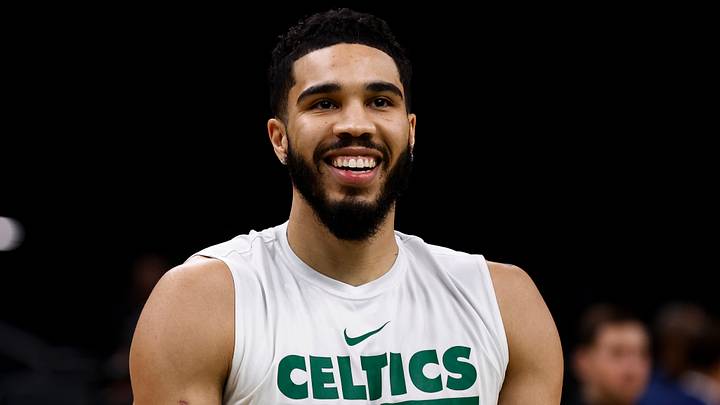 Jan 10, 2024; Boston, Massachusetts, USA; Boston Celtics forward Jayson Tatum (0) smiles before their game against the Minnesota Timberwolves at TD Garden. Mandatory Credit: Winslow Townson-USA TODAY Sports