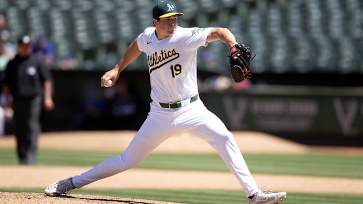May 8, 2024; Oakland, California, USA; Oakland Athletics pitcher Mason Miller (19) delivers a pitch