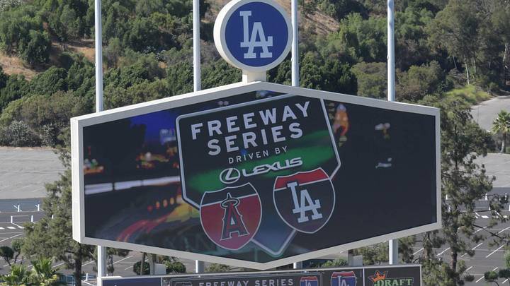 Jun 26, 2017; Los Angeles, CA, USA; The freeway series logo on the scoreboard during a MLB baseball game between the Los Angeles Angels and the Los Angeles Dodgers at Dodger Stadium. Mandatory Credit: Kirby Lee-Imagn Images