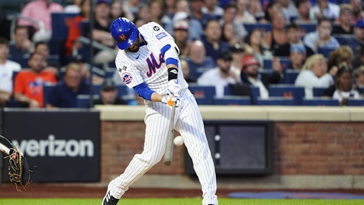 Aug 19, 2024; New York City, New York, USA; New York Mets designated hitter JD Martinez (28) hits a two-run home run against the Baltimore Orioles during the first inning at Citi Field. Mandatory Credit: Gregory Fisher-Imagn Images Aug 19, 2024; New York City, New York, USA; New York Mets designated hitter JD Martinez (28) hits a two-run home run against the Baltimore Orioles during the first inning at Citi Field. Mandatory Credit: Gregory Fisher-Imagn Images