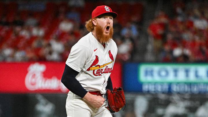 Jun 15, 2026; St. Louis, Missouri, USA; St. Louis Cardinals starting pitcher Dustin May (3) reacts after striking out San Diego Padres first baseman Ty France (not pictured) to end the eighth inning at Busch Stadium. Mandatory Credit: Jeff Curry-Imagn Images Jun 15, 2026; St. Louis, Missouri, USA; St. Louis Cardinals starting pitcher Dustin May (3) reacts after striking out San Diego Padres first baseman Ty France (not pictured) to end the eighth inning at Busch Stadium. Mandatory Credit: Jeff Curry-Imagn Images