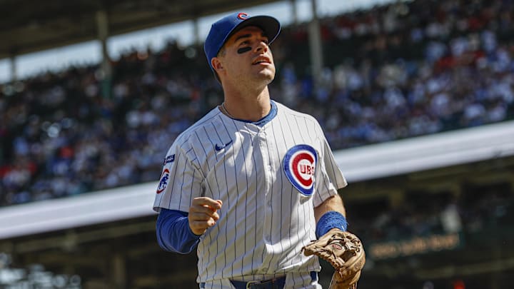 Sep 27, 2025; Chicago, Illinois, USA; Chicago Cubs third baseman Matt Shaw (6) runs back to the dugout during the first inning of a baseball game against the St. Louis Cardinals at Wrigley Field. Mandatory Credit: Kamil Krzaczynski-Imagn Images