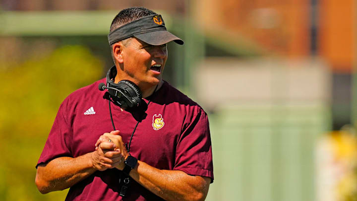 Arizona State defensive coordinator Brian Ward runs a drill for his secondary during the first day of fall practice in Tempe, Ariz. on July 30, 2025.