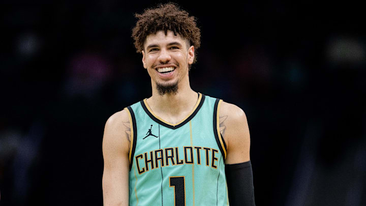 Jan 25, 2025; Charlotte, North Carolina, USA; Charlotte Hornets guard LaMelo Ball (1) reacts during the second quarter against the New Orleans Pelicans at Spectrum Center. Mandatory Credit: Scott Kinser-Imagn Images