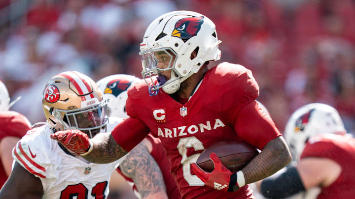 September 21, 2025; Santa Clara, California, USA; Arizona Cardinals running back James Conner (6) during the third quarter against the San Francisco 49ers at Levi's Stadium. Mandatory Credit: Kyle Terada-Imagn Images September 21, 2025; Santa Clara, California, USA; Arizona Cardinals running back James Conner (6) during the third quarter against the San Francisco 49ers at Levi's Stadium. Mandatory Credit: Kyle Terada-Imagn Images