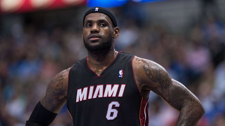 Feb 18, 2014; Dallas, TX, USA; Miami Heat small forward LeBron James (6) during the game against the Dallas Mavericks at the American Airlines Center. The Heat defeated the Mavericks 117-106. Mandatory Credit: Jerome Miron-Imagn Images Feb 18, 2014; Dallas, TX, USA; Miami Heat small forward LeBron James (6) during the game against the Dallas Mavericks at the American Airlines Center. The Heat defeated the Mavericks 117-106. Mandatory Credit: Jerome Miron-Imagn Images