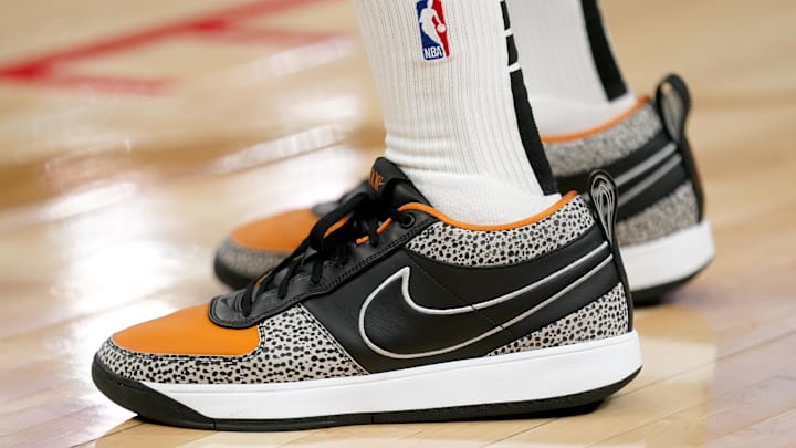 Jan 31, 2025; San Francisco, California, USA; A detail view of the shoes worn by Phoenix Suns guard Devin Booker (1) before the start of the game against the Golden State Warriors at the Chase Center. Mandatory Credit: Cary Edmondson-Imagn Images