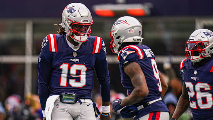Jan 5, 2025; Foxborough, Massachusetts, USA; New England Patriots quarterback Joe Milton III (19) reacts after his touchdown pass against the Buffalo Bills in the first half at Gillette Stadium. Mandatory Credit: David Butler II-Imagn Images