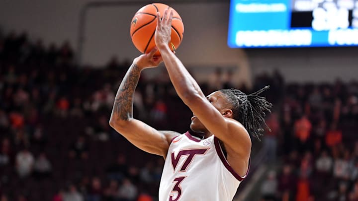 Feb 14, 2026; Blacksburg, Va.; Virginia Tech guard Ben Hammond (3) shoots a shot against Florida State.