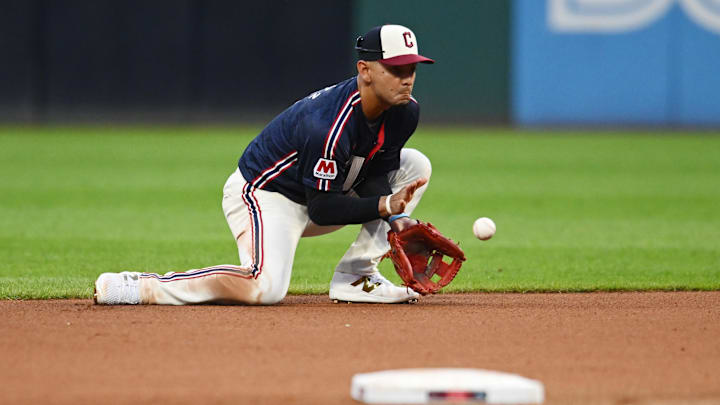 Aug 2, 2024; Cleveland, Ohio, USA; Cleveland Guardians second baseman Andres Gimenez (0) fields a ball hit by Baltimore Orioles first baseman Ryan Mountcastle (not pictured) during the fourth inning at Progressive Field. Mandatory Credit: Ken Blaze-Imagn Images