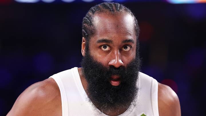 Oct 22, 2026; Philadelphia, Pennsylvania, USA; Cleveland Cavaliers guard James Harden (1) looks on during the first quarter against the Philadelphia 76ers at Xfinity Mobile Arena. Mandatory Credit: Bill Streicher-Imagn Images