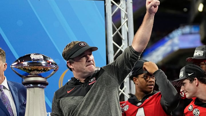 Dec 31, 2022; Atlanta, Georgia, USA; Georgia Bulldogs head coach Kirby Smart gives a fist pump following the Peach Bowl against the Ohio State Buckeyes in the College Football Playoff semifinal at Mercedes-Benz Stadium. Georgia beat Ohio State 42-41. Mandatory Credit: Adam Cairns-The Columbus Dispatch

Ncaa Football Peach Bowl Ohio State At Georgia