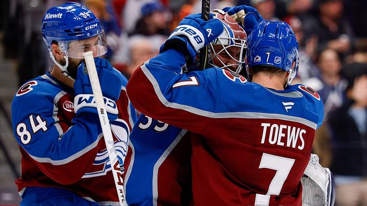 Oct 28, 2026; Denver, Colorado, USA; Colorado Avalanche goaltender Mackenzie Blackwood (39) celebrates with defenseman Devon Toews (7) and defenseman Brent Burns (84) after the game against the New Jersey Devils at Ball Arena. Mandatory Credit: Isaiah J. Downing-Imagn Images