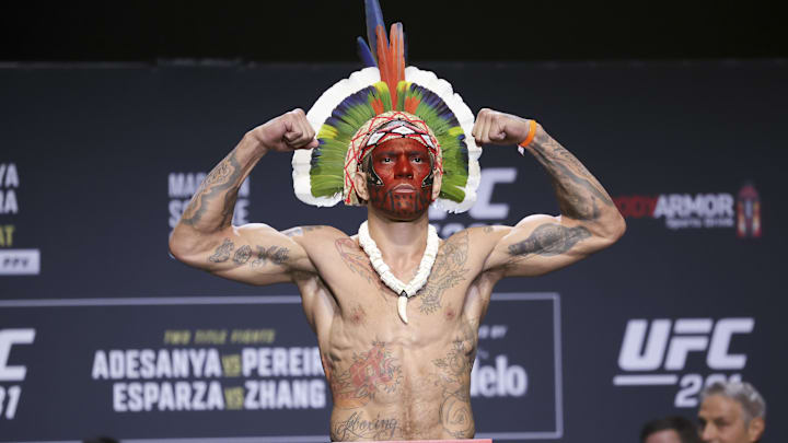 Nov 11, 2022; New York, NY, USA; Alex Pereira gestures during weigh-ins for UFC 281. Mandatory