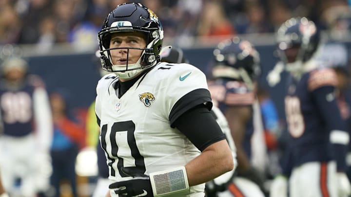 Oct 13, 2024; London, United Kingdom; Jacksonville Jaguars quarterback Mac Jones (10) during the second half of an NFL International Series game at Tottenham Hotspur Stadium. Mandatory Credit: Peter van den Berg-Imagn Images