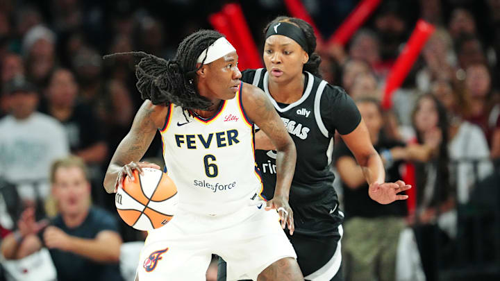 Indiana Fever forward Natasha Howard (6) dribbles against Las Vegas Aces forward NaLyssa Smith (3) on September 30, 2025 Indiana Fever forward Natasha Howard (6) dribbles against Las Vegas Aces forward NaLyssa Smith (3) on September 30, 2025