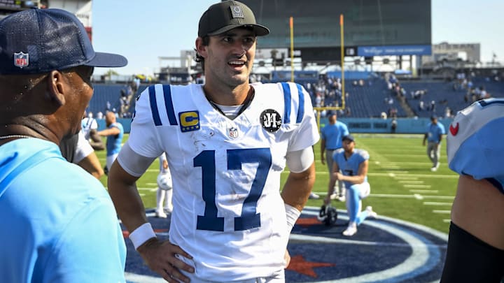 Sep 21, 2025; Nashville, Tennessee, USA; Indianapolis Colts quarterback Daniel Jones (17) after the game at Nissan Stadium. Mandatory Credit: Steve Roberts-Imagn Images