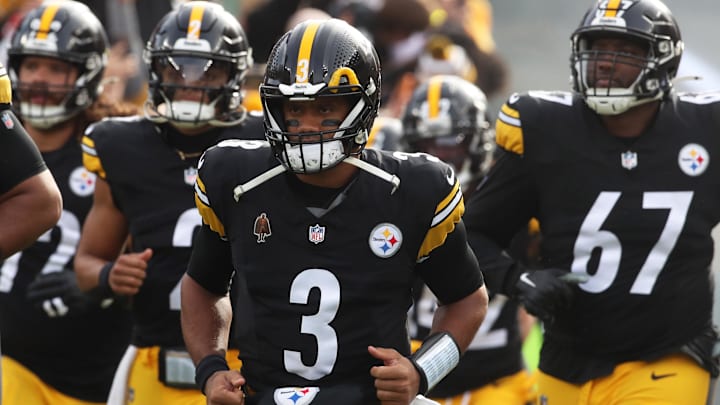 Nov 17, 2024; Pittsburgh, Pennsylvania, USA; Pittsburgh Steelers quarterback Russell Wilson (3) leads the team onto the field to play the Baltimore Ravens at Acrisure Stadium. Mandatory Credit: Charles LeClaire-Imagn Images Nov 17, 2024; Pittsburgh, Pennsylvania, USA; Pittsburgh Steelers quarterback Russell Wilson (3) leads the team onto the field to play the Baltimore Ravens at Acrisure Stadium. Mandatory Credit: Charles LeClaire-Imagn Images