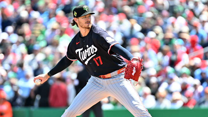 Mar 17, 2026; Clearwater, Florida, USA; Minnesota Twins starting pitcher Bailey Ober (17) throws a pitch in the first inning against the Philadelphia Phillies during spring training at BayCare Ballpark.