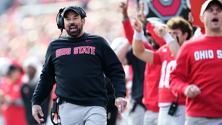 Ohio State Buckeyes head coach Ryan Day yells during the NCAA football game against the Rutgers Scarlet Knights at Ohio Stadium in Columbus on Nov. 22, 2025. Ohio State won 42-9.