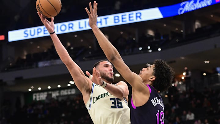 Jan 13, 2026; Milwaukee, Wisconsin, USA; Milwaukee Bucks forward Pete Nance (35) takes a shot against  Minnesota Timberwolves center Joan Beringer (19) in the fourth quarter at Fiserv Forum.