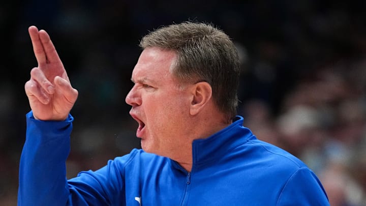 Feb 22, 2025; Lawrence, Kansas, USA; Kansas Jayhawks head coach Bill Self reacts to play against the Oklahoma State Cowboys during the second half at Allen Fieldhouse. Mandatory Credit: Denny Medley-Imagn Images