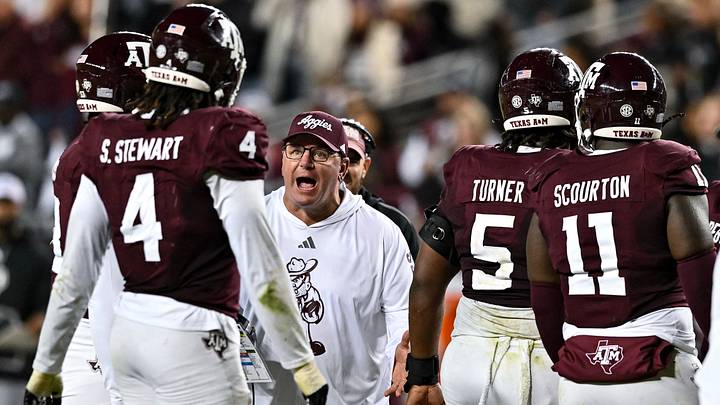 Texas A&M Aggies head coach Mike Elko reacts during the second half against the Texas Longhorns. The Longhorns defeated the Aggies 17-7. at Kyle Field. 