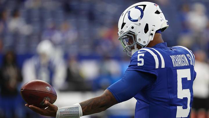 Oct 5, 2025; Indianapolis, Indiana, USA; Indianapolis Colts quarterback Anthony Richardson (5) holds a football during warmups before the game between the Las Vegas Raiders and the Indianapolis Colts at Lucas Oil Stadium. Mandatory Credit: Trevor Ruszkowski-Imagn Images