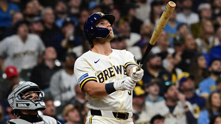 Mar 26, 2026: Milwaukee Brewers left fielder Jake Bauers (9) watchers after hitting a 3-run home run in the seventh inning against the Chicago White Sox at American Family Field. Mar 26, 2026: Milwaukee Brewers left fielder Jake Bauers (9) watchers after hitting a 3-run home run in the seventh inning against the Chicago White Sox at American Family Field.
