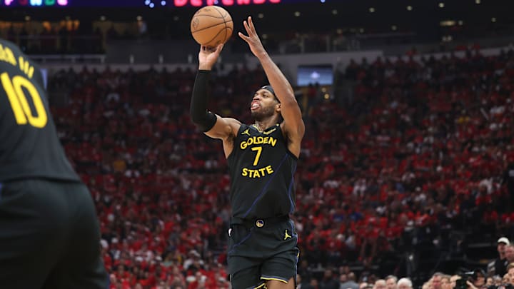 Golden State Warriors guard Buddy Hield shoots during the second quarter of Game 7 of their first-round playoff series against the Houston Rockets at Toyota Center in Houston on May 4, 2024.