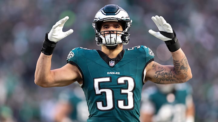 Jan 12, 2025; Philadelphia, Pennsylvania, USA; Philadelphia Eagles linebacker Zack Baun (53) before kick off against the Green Bay Packers in an NFC wild card game at Lincoln Financial Field. Jan 12, 2025; Philadelphia, Pennsylvania, USA; Philadelphia Eagles linebacker Zack Baun (53) before kick off against the Green Bay Packers in an NFC wild card game at Lincoln Financial Field.