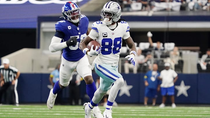 Dallas Cowboys wide receiver CeeDee Lamb runs with the ball against the New York Giants.