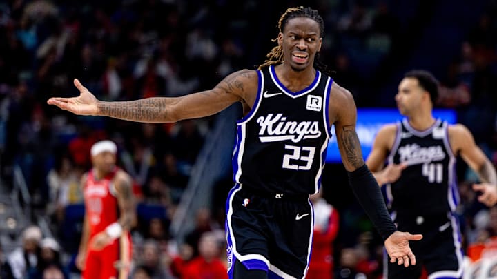 Feb 13, 2025; New Orleans, Louisiana, USA;  Sacramento Kings guard Keon Ellis (23) reacts to a play against the New Orleans Pelicans during the second half at Smoothie King Center. Mandatory Credit: Stephen Lew-Imagn Images