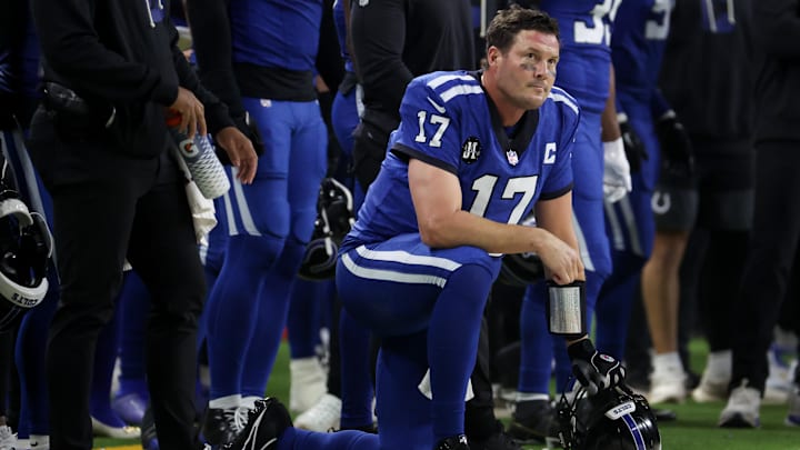 Dec 22, 2025; Indianapolis, Indiana, USA; Indianapolis Colts quarterback Philip Rivers (17) looks on in the second quarter of the game against the San Francisco 49ers at Lucas Oil Stadium. Mandatory Credit: Trevor Ruszkowski-Imagn Images
