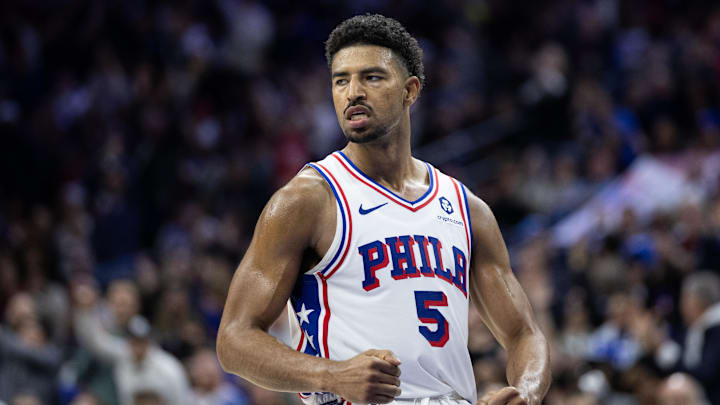 Feb 22, 2025; Philadelphia, Pennsylvania, USA; Philadelphia 76ers guard Quentin Grimes (5) reacts after scoring against the Brooklyn Nets during the fourth quarter at Wells Fargo Center. Mandatory Credit: Bill Streicher-Imagn Images Feb 22, 2025; Philadelphia, Pennsylvania, USA; Philadelphia 76ers guard Quentin Grimes (5) reacts after scoring against the Brooklyn Nets during the fourth quarter at Wells Fargo Center. Mandatory Credit: Bill Streicher-Imagn Images