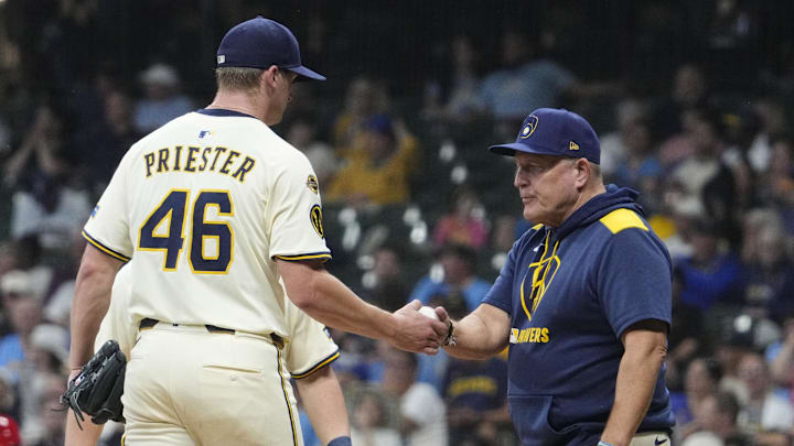 Sep 18, 2025; Milwaukee, Wisconsin, USA; Milwaukee Brewers pitcher Quinn Priester (46) is taken out of the game by manager Pat Murphy (49) in the sixth inning at American Family Field. Mandatory Credit: Michael McLoone-Imagn Images