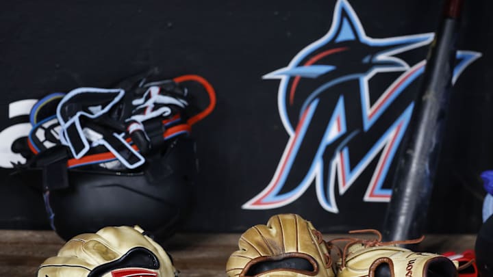 May 2, 2023; Miami, Florida, USA; Gloves sit lined up in the Miami Marlins dugout against the Atlanta Braves before the game at loanDepot Park. Mandatory Credit: Rhona Wise-Imagn Images May 2, 2023; Miami, Florida, USA; Gloves sit lined up in the Miami Marlins dugout against the Atlanta Braves before the game at loanDepot Park. Mandatory Credit: Rhona Wise-Imagn Images