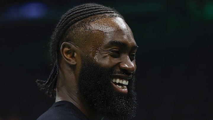 Feb 27, 2024; Boston, Massachusetts, USA; Boston Celtics guard Jaylen Brown (7) smiles before their game against the Philadelphia 76ers at TD Garden. Mandatory Credit: Winslow Townson-Imagn Images
